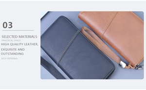 Close-up of textured leather men long wallet with zipper and detachable wrist strap