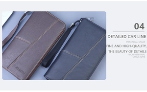 Detailed view of men's leather wallets with zipper closure and wrist straps