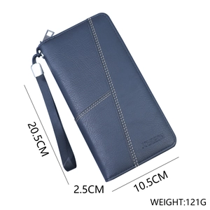 Deep blue leather long wallet for men featuring zipper closure and wrist strap with size guide