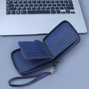 Portefeuille bleu pour homme avec fermeture éclair, dragonne et fentes pour cartes