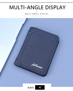 Detailed 45-degree view of black canvas wallet with reinforced stitching and logo