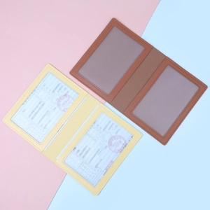 Dual-color PU leather document organizers in brown and yellow with clear PVC ID windows