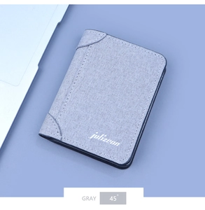 Detailed 45-degree angle view of a slim gray canvas men's wallet with Jolizeon logo