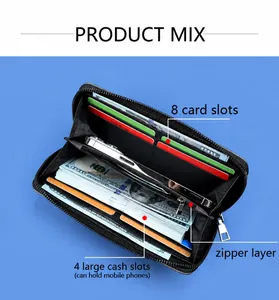 Vue détaillée de la pochette en cuir noir avec 8 fentes pour cartes et étui de téléphone