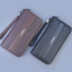 Classic men's long zipper wallet in black and dark brown with wrist strap