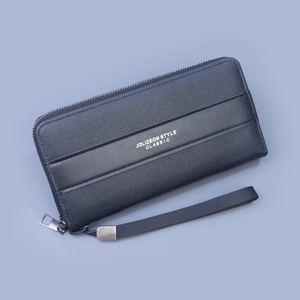Navy blue long leather zipper wallet for men with wrist strap and JOLIZEON text