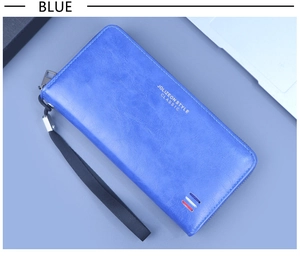 Portefeuille long en cuir ciré bleu pour hommes avec dragonne et ruban tricolore