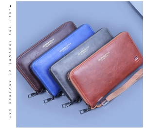 Vue détaillée de portefeuilles longs en cuir ciré avec fermetures éclair et dragonnes en 4 couleurs