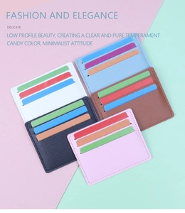 Flat lay of slim macaron-colored card holders with multiple slots on a pastel background