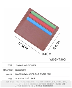 Detail view of ultra-thin brown leather card holder with 6 slots and dimension specs