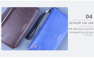 Détail de la texture en cuir ciré lisse et dragonne sur la pochette longue pour homme