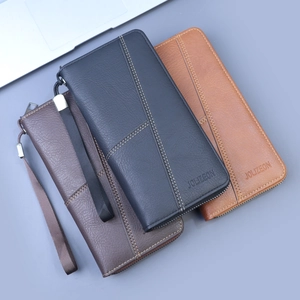 Men's multifunctional PU leather long wallet with wrist strap in three elegant colors