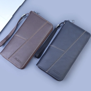 Men's large capacity leather zip wallet with wrist strap in brown and navy blue