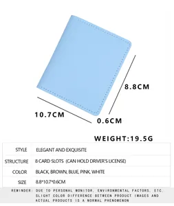 Tableau détaillé des tailles indiquant 10,7x8,8x0,6 cm et 8 fentes pour cartes de crédit