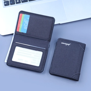 Vertical slim canvas wallet for men featuring multiple card slots and an ID window