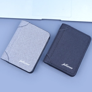 Vertical canvas bifold wallet for men in grey and black with jolizeon logo