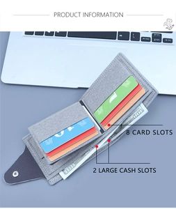 Gray canvas tri-fold wallet detail showing 8 card slots and 2 cash compartments