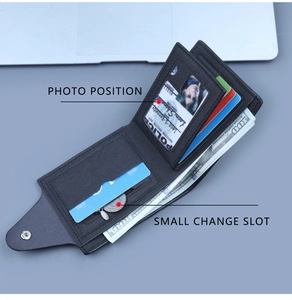Detail view of black canvas wallet with multiple card slots and a zipped coin pocket