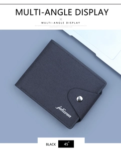 Close-up of a black canvas wallet with silver button closure and woven fabric texture