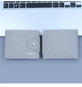 Detail of dark grey canvas wallet showing woven texture and silver button closure