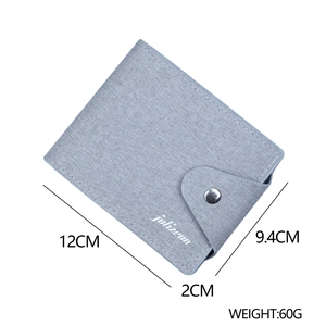 Gray canvas men's bifold wallet with snap button closure and logo 12x9.4x2cm size
