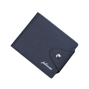 Short dark blue canvas bifold wallet with secure metal snap button closure