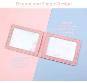 Pink faux leather card holder with dual transparent windows for driver's licenses