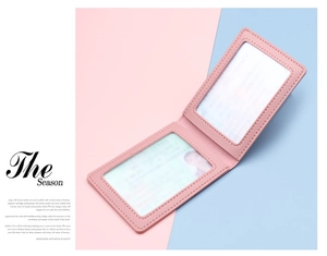 Pink faux leather driver license holder with double transparent card slots and neat stitching