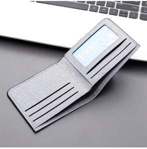 Detailed view of grey canvas wallet interior showing six card slots and ID window