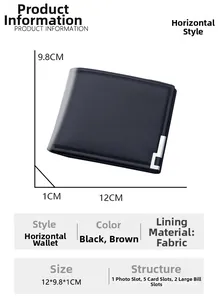 Detailed chart showing interior 5 card slots and 12x9.8x1cm dimensions of the black wallet