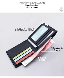 Detail view of black bi-fold wallet featuring five card slots and two bill compartments