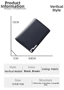 Detailed size specifications and interior structure of the vertical men's bifold wallet