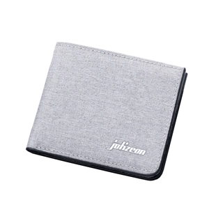 Slim light gray canvas bifold wallet for men with durable black edges and logo