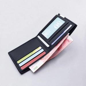 Men's slim bi-fold black leather wallet with multiple card slots and cash compartment
