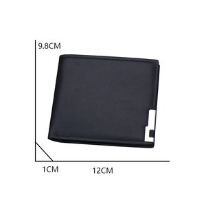 Slim men's bifold wallet in black faux leather with silver accent and size dimensions