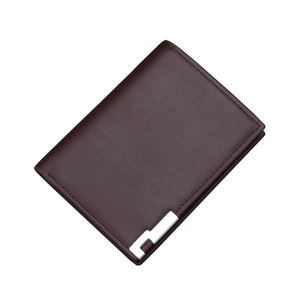 Classic dark brown leather men's bifold wallet with silver metal buckle and precision stitching