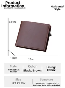 Detailed view of coffee brown men's bifold wallet with 11 card slots and dimensions