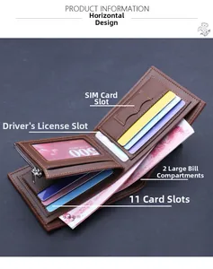 Internal detail of brown leather bifold wallet featuring multiple card slots and zipper pocket