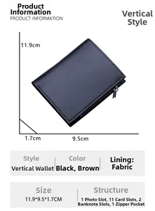 Vertical leather wallet with 11 card slots and zipper pocket showing dimensions