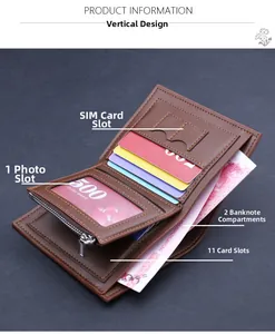 Vertical brown wallet interior showing 11 card slots and multiple banknote compartments