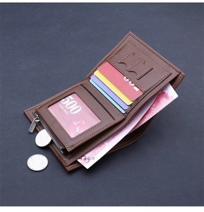 Detailed interior of brown men's bifold wallet showing card slots and zipper pocket