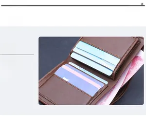 Detail view of brown leather men's wallet showing multiple card slots and bill compartment