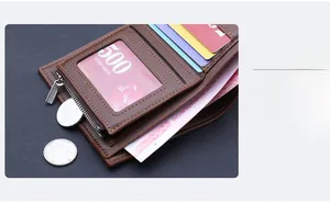 Close-up of brown leather wallet interior showing multiple card slots and zipper pocket