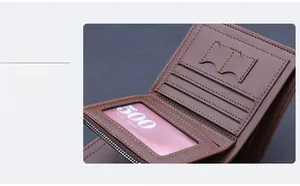 Detail view of brown leather wallet with multiple card slots and an ID window