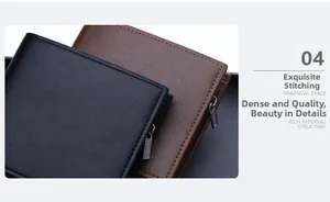 Detail of short leather wallet for men featuring fine stitching and metal zipper