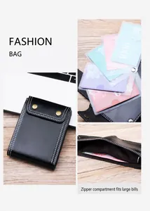 Detail of short leather wallet for men featuring multi-card slots and secure zipper pocket