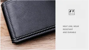 Close-up of white double-row stitching on black oil wax leather men's wallet edges