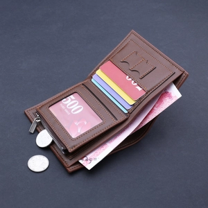 Men's dark brown bifold wallet with multiple card slots and a zipper coin pocket