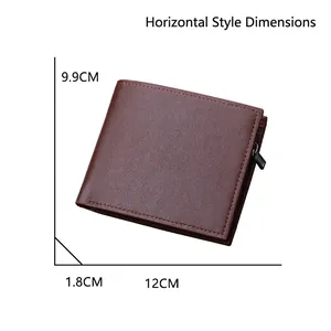 Men's dark brown short wallet in horizontal style with zipper and荔枝纹 texture