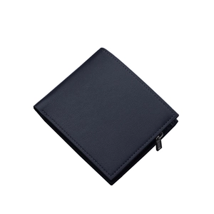 Classic navy blue men's bifold wallet in pebble grain leather with secure side zipper